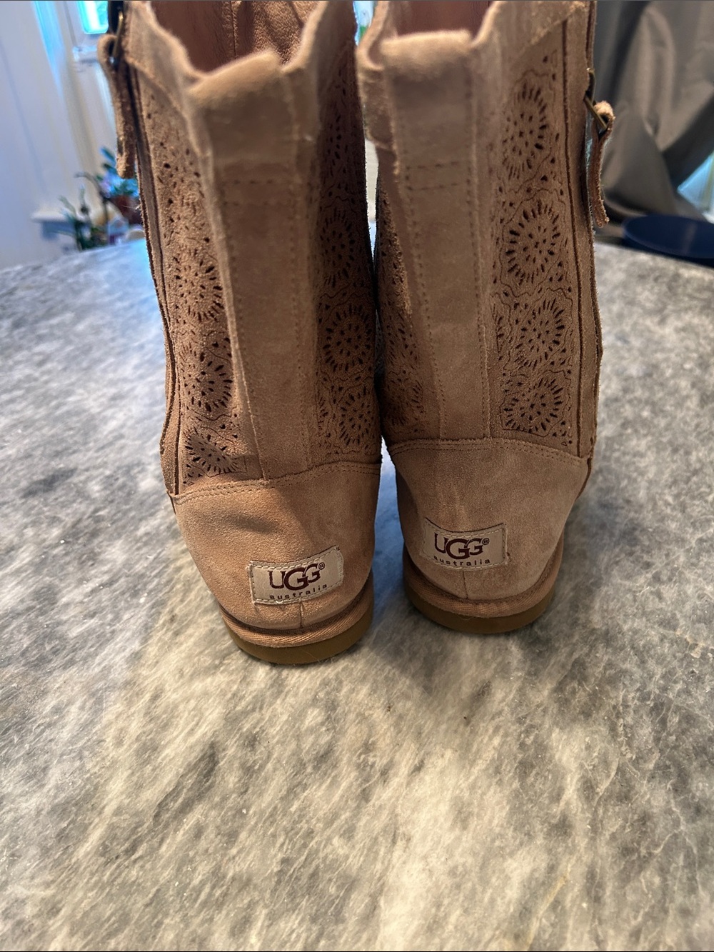 UGG Women's Tan Suede Ankle Booties with Laser-Cut Detail - Picture 4 of 7